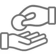 Frame 128 Illustration of a hand passing a coin to another open hand in gray outline.
