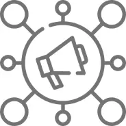 A gray icon of a megaphone surrounded by circles.
